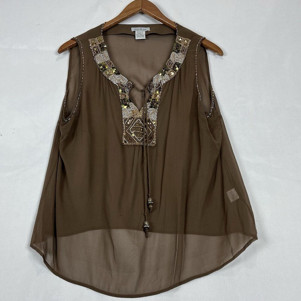 Mac & Jac 100% Silk Beaded Embellished Boho Blouse Sheer Brown Size 14